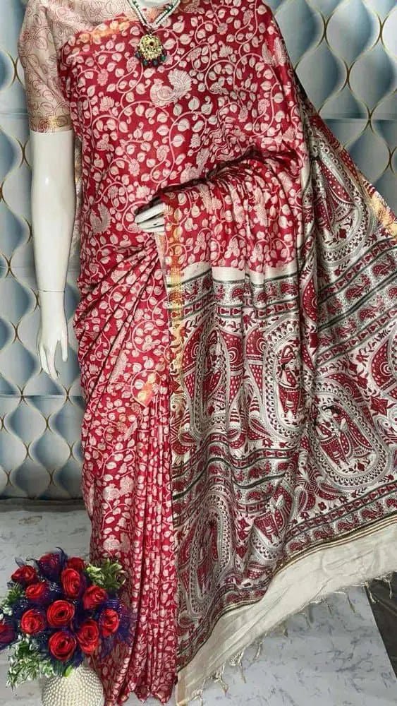 Saree_semi tussar_kalamkari print_red_festive_durga pujo_S10810 - Saree - Aakritee - S10810