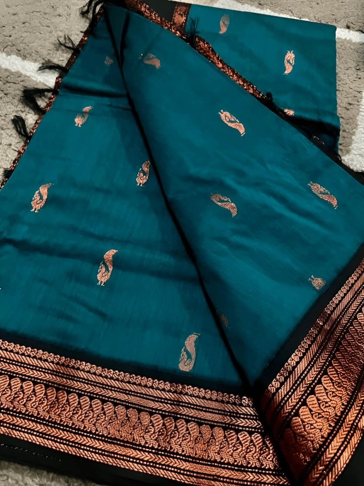 saree - silk - cotton - gadwal - green - s10040 - Saree - Aakritee - S10041