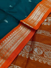 saree - silk - cotton - gadwal - orange - green - s10041 - Saree - Aakritee - S10042