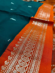 saree - silk - cotton - gadwal - orange - green - s10041 - Saree - Aakritee - S10042