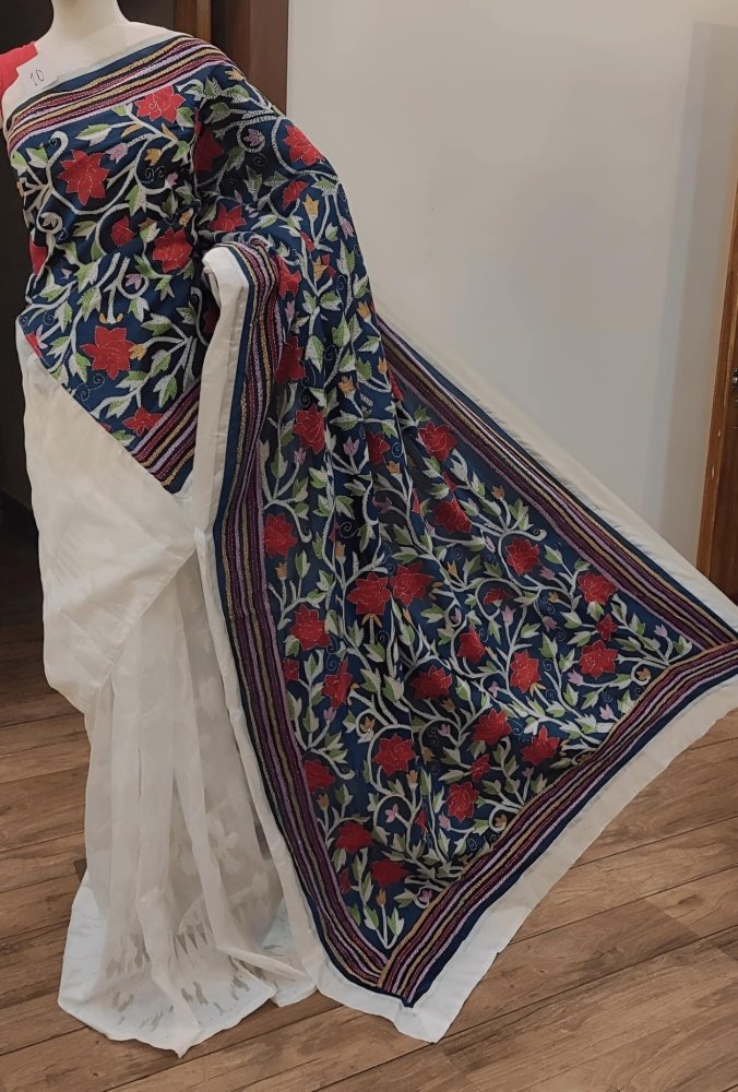 saree - silk - jamdani - jamkantha - white - s10078 - Saree - Aakritee - S10079