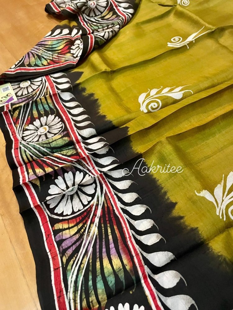 saree - silk - murshidabad - hand - batik - yellow - s10095 - Saree - Aakritee - S10096