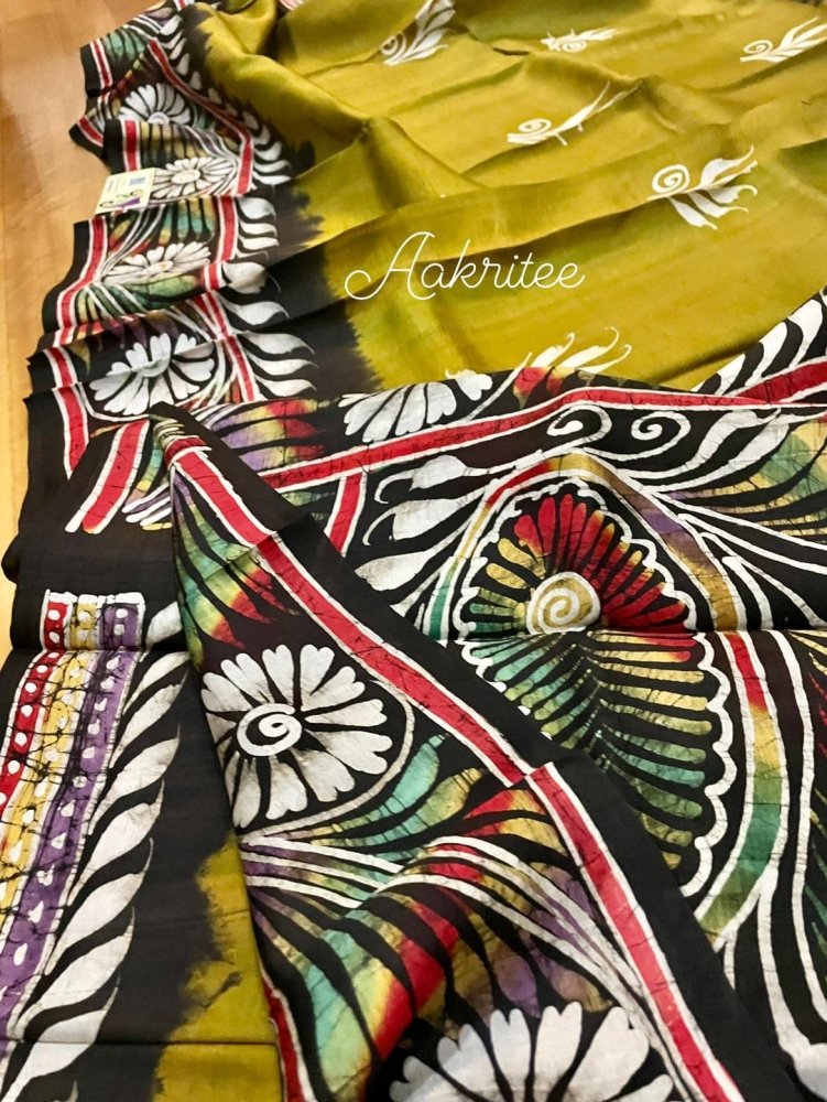 saree - silk - murshidabad - hand - batik - yellow - s10095 - Saree - Aakritee - S10096