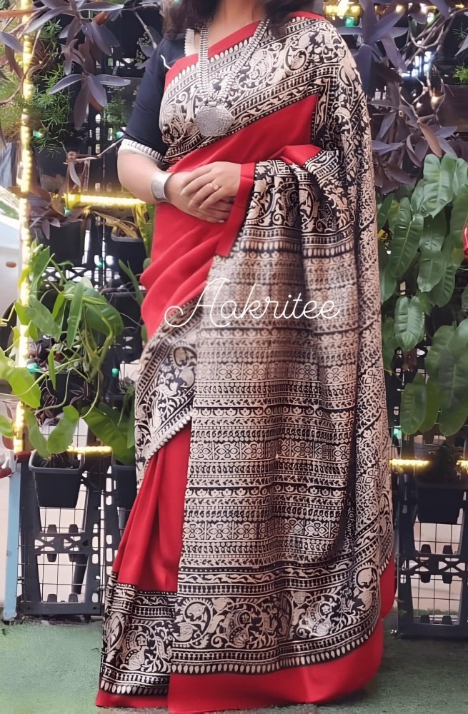 saree - silk - murshidabad - red - s10005 - Saree - Aakritee - S10006