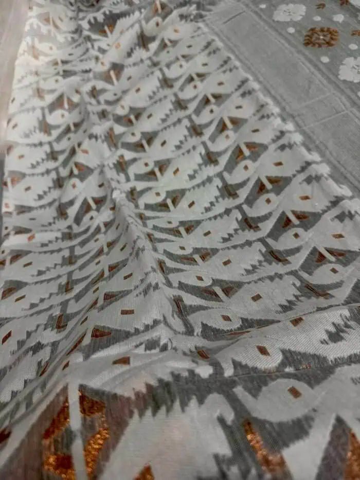 Saree_soft_bengal_jamdani_offwhite_copper zari_festive_durga pujo_S10819 - Saree - Aakritee - S10819