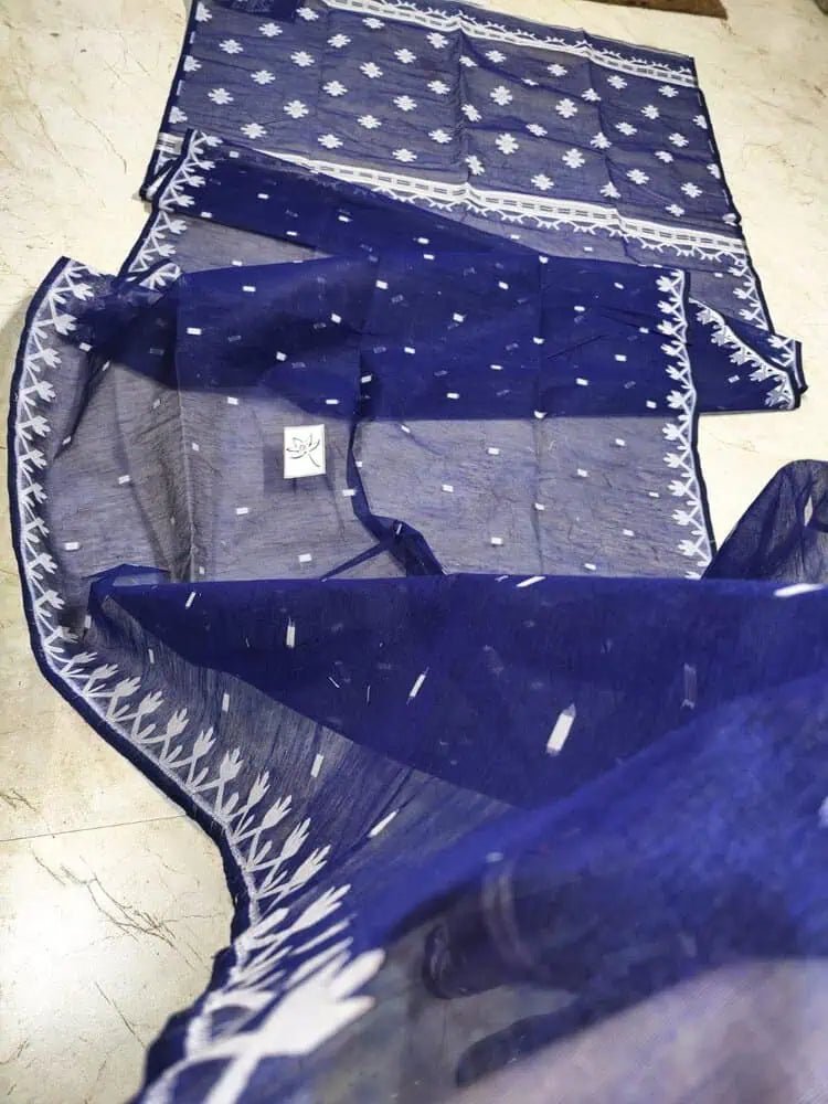 Saree_soft_jamdani_blue_white_festive_durga pujo_S10740 - Saree - Aakritee - S10740