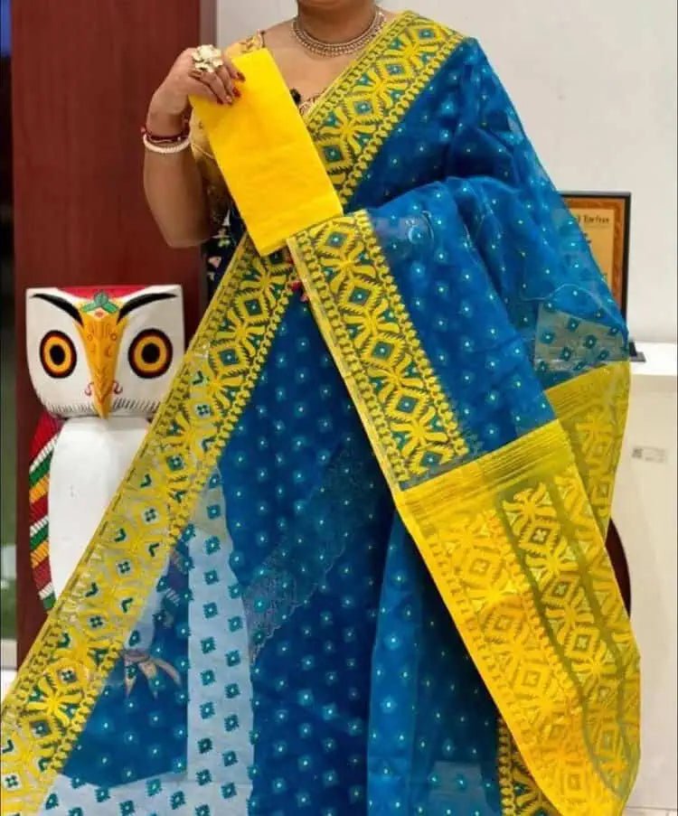 Saree_soft_jamdani_with blouse piece_blue_yellow_festive_durga puja_S10730 - Saree - Aakritee - S10730