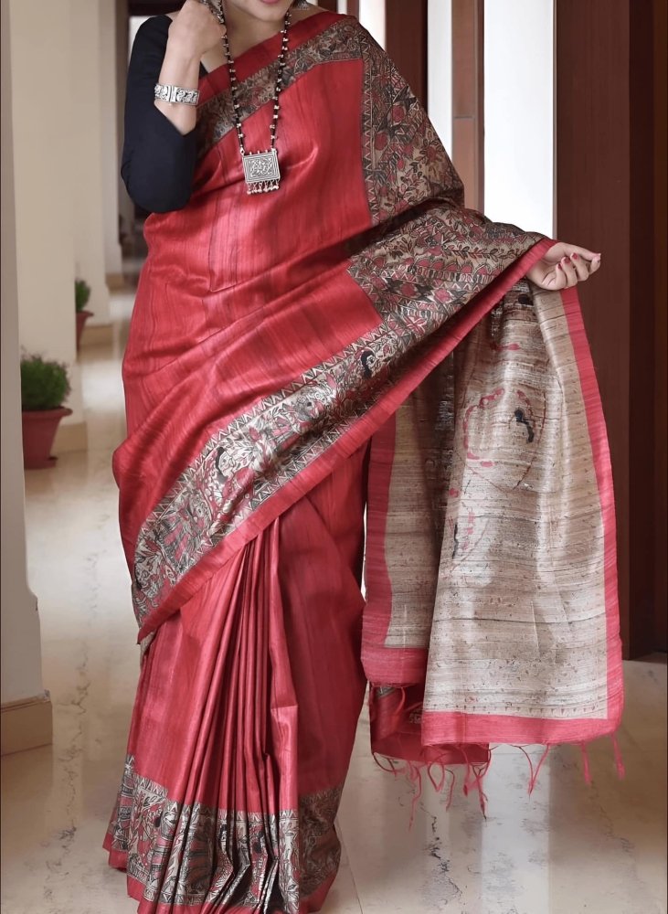 saree - tussar - ghicha - handpainted - madhubani - red - s10023 - Saree - Aakritee - S10024