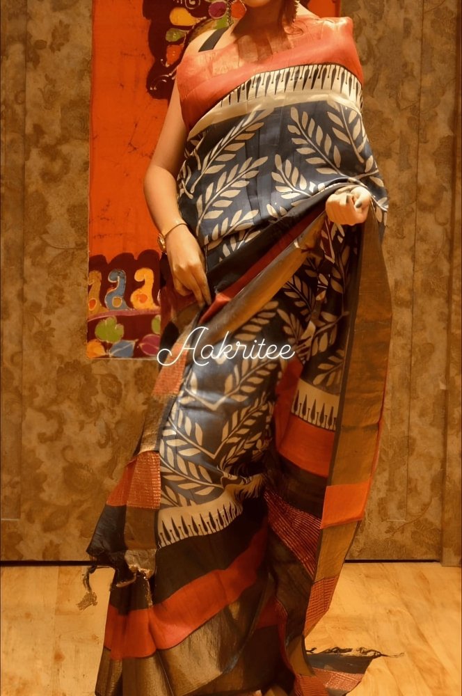 saree - tussar - zari - border - block - print - orange - s10022 - Saree - Aakritee - S10023