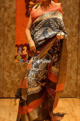 saree - tussar - zari - border - block - print - orange - s10022 - Saree - Aakritee - S10023