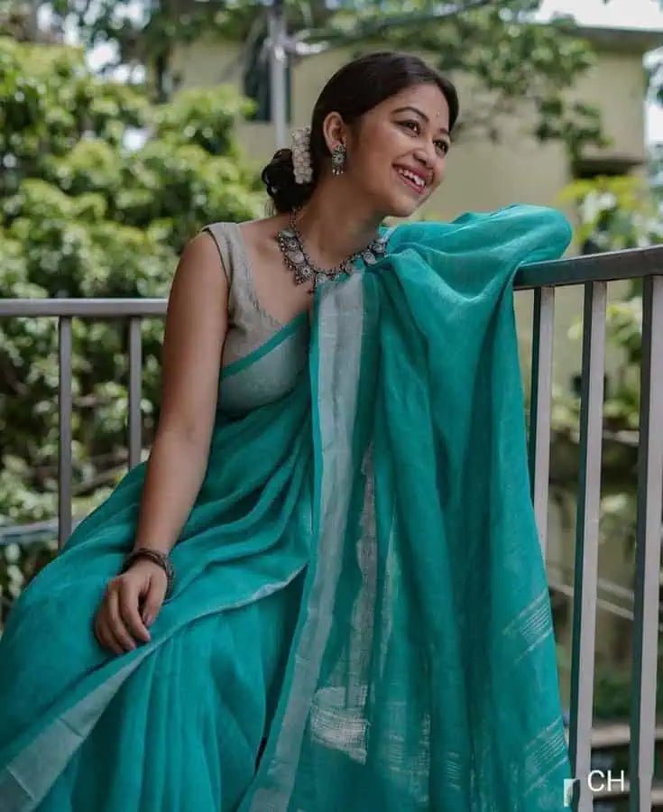 Sea Green Linen Summer Saree with Silver Zari - Casual Wear - Saree - Aakritee - S10679