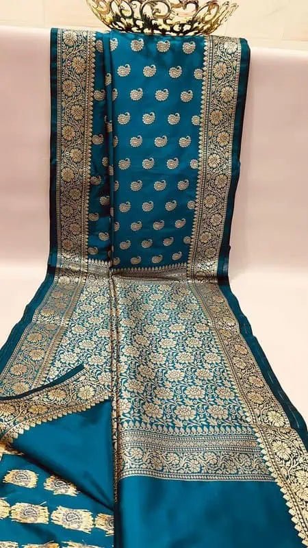Semi Katan Light Blue Saree for Festive Celebrations - Saree - Aakritee - S10652
