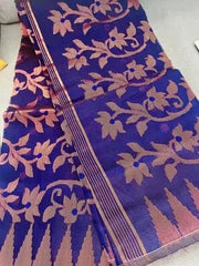 Semi Muslin Jamdani Purplish Blue Saree, Festive Durga Puja - Saree - Aakritee - S10545