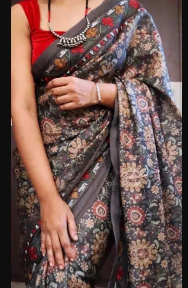 Semi Tussar Block Print Saree: Embroidered, Partywear S10477 EOFY - 10% - Saree - Aakritee - S10477