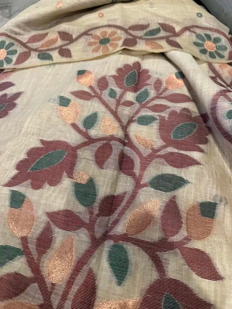 Semi Tussar Jamdani Saree √ê Beige Brown Floral Festive Wear - Saree - Aakritee - S10796