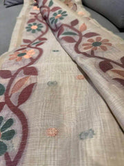 Semi Tussar Jamdani Saree √ê Beige Brown Floral Festive Wear - Saree - Aakritee - S10796