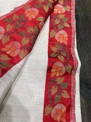 Semi Tussar Jamdani Saree Ð Beige Floral Festive Durga Pujo, S10848 - Saree - Aakritee - S10848