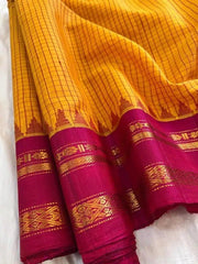 Sico Gadwal Handloom Saree, Yellow Magenta, Festive Indian Wear - Saree - Aakritee - S10608