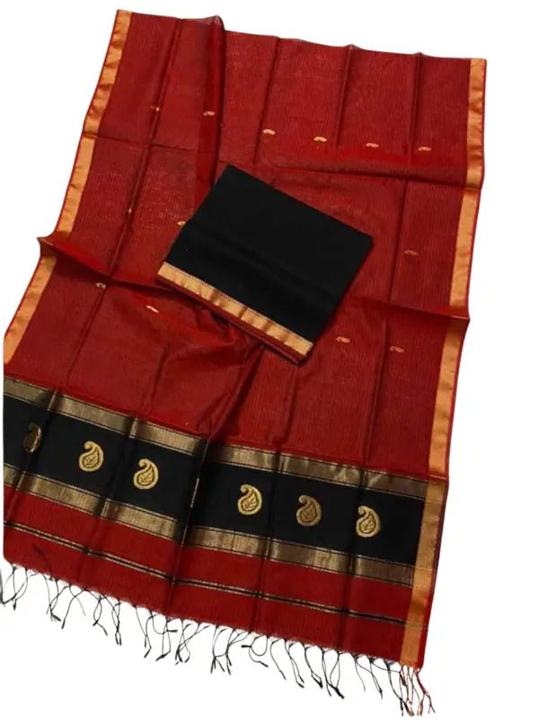 Silk Cotton Saree, Red Black, Casual, Indian Ethnic Wear - Saree - Aakritee - S10596