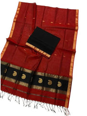 Silk Cotton Saree, Red Black, Casual, Indian Ethnic Wear - Saree - Aakritee - S10596