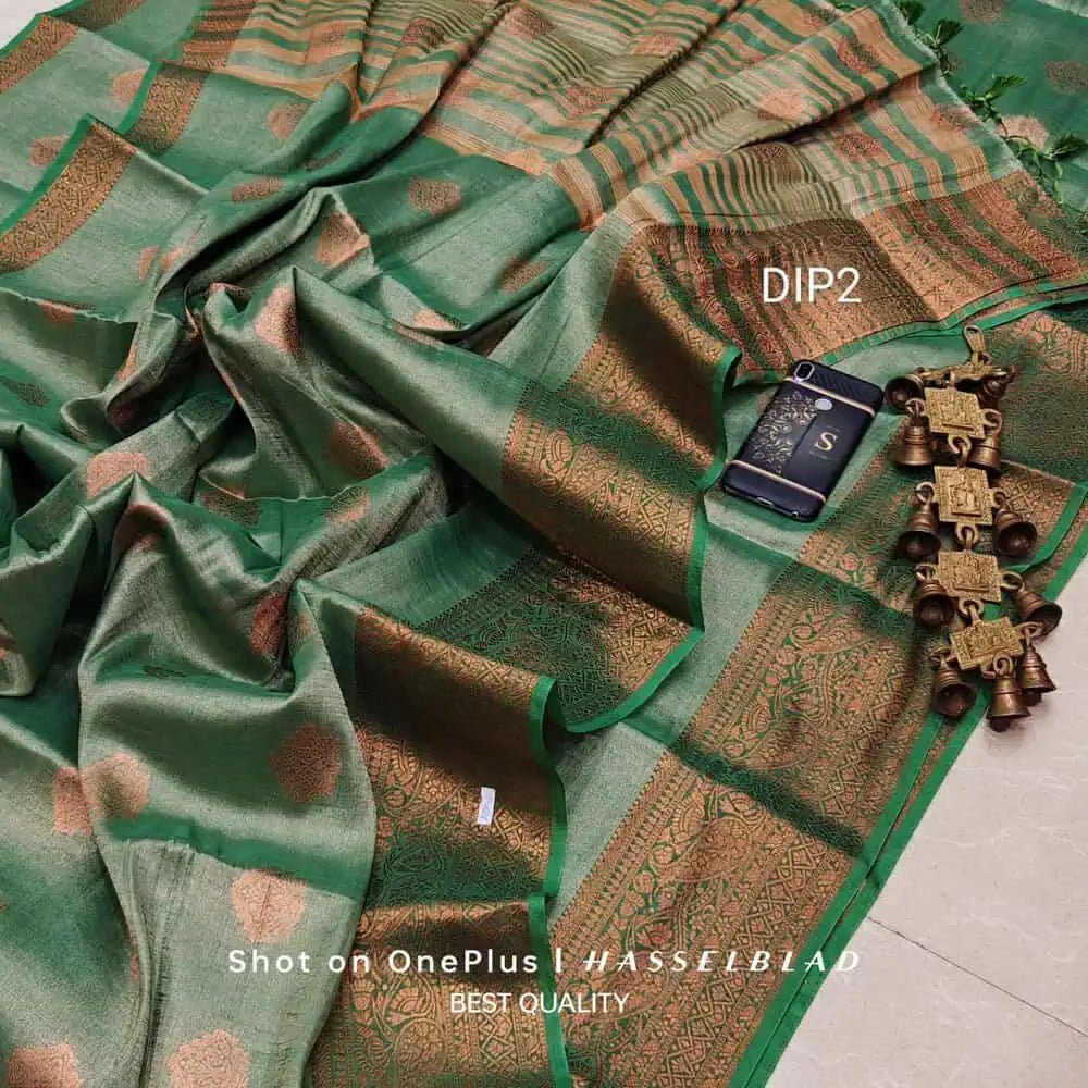 Silk Linen Copper Zari Festive Partywear Green Saree S10498 - Saree - Aakritee - S10498