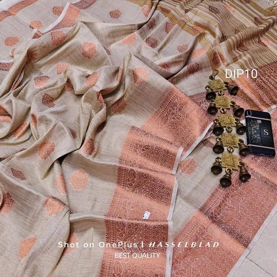 Silk Linen Copper Zari Festive Partywear Offwhite Saree S10500 - Saree - Aakritee - S10500