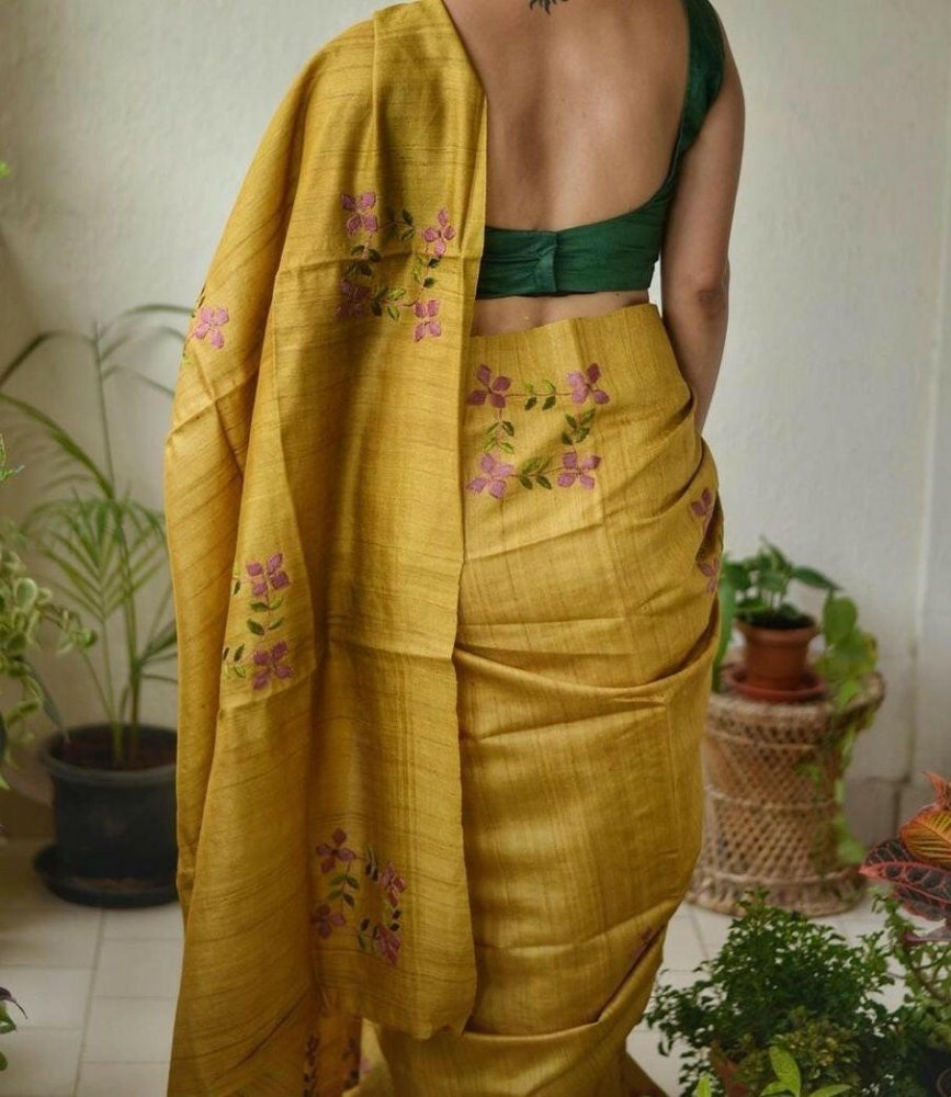 Silk Saree - Ghicha Tussar, Embroidery (S0004) - Aakritee - 