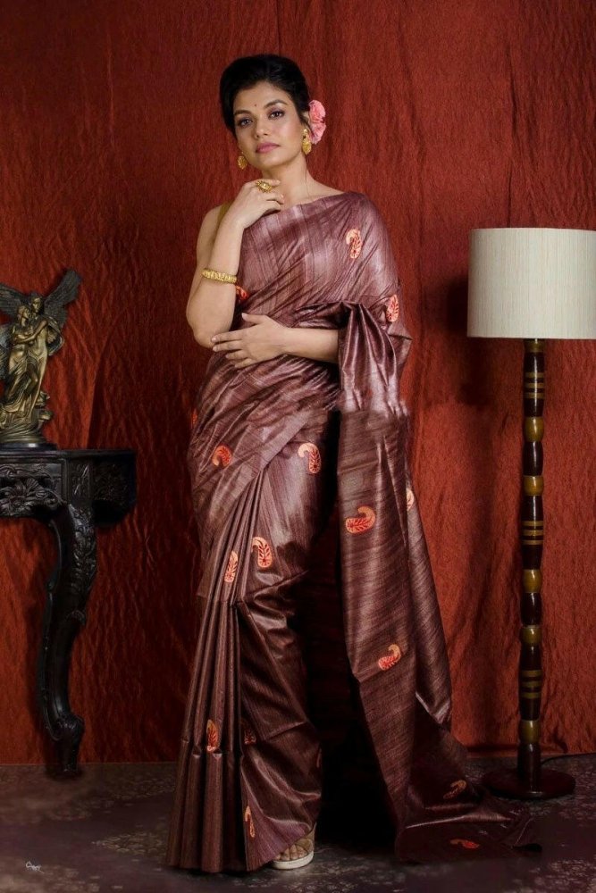 Silk Saree - Ghicha Tussar, Embroidery (S0006) - Aakritee - 