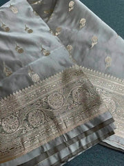 Silver Silk Saree - Semi Mushroo Silk Banarasi Festive Traditional Silver S11049 - Saree - Aakritee - S11049