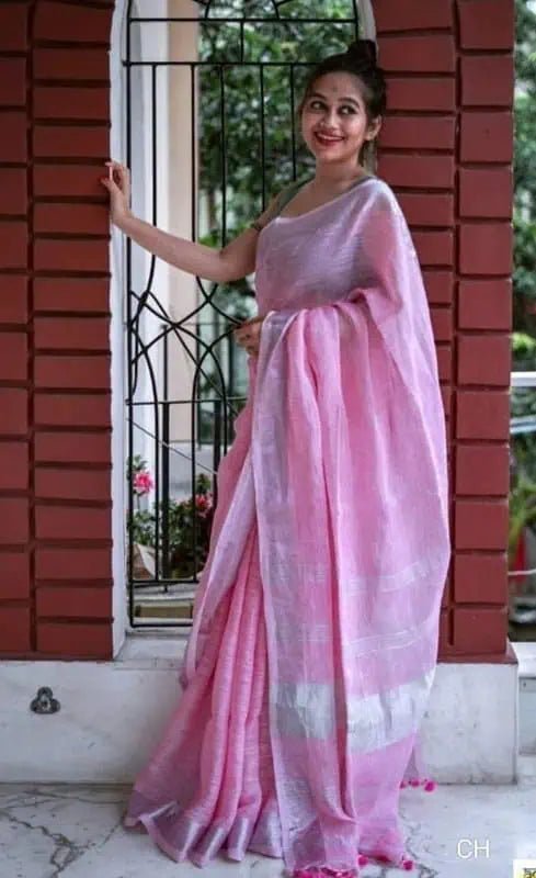 Soft Linen Cotton Saree in Baby Pink - Saree - Aakritee - S10647