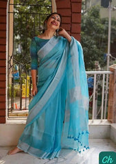 Soft Linen Cotton Saree in Sky Blue - Saree - Aakritee - S10648