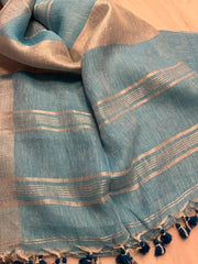 Soft Linen Cotton Saree in Sky Blue - Saree - Aakritee - S10648