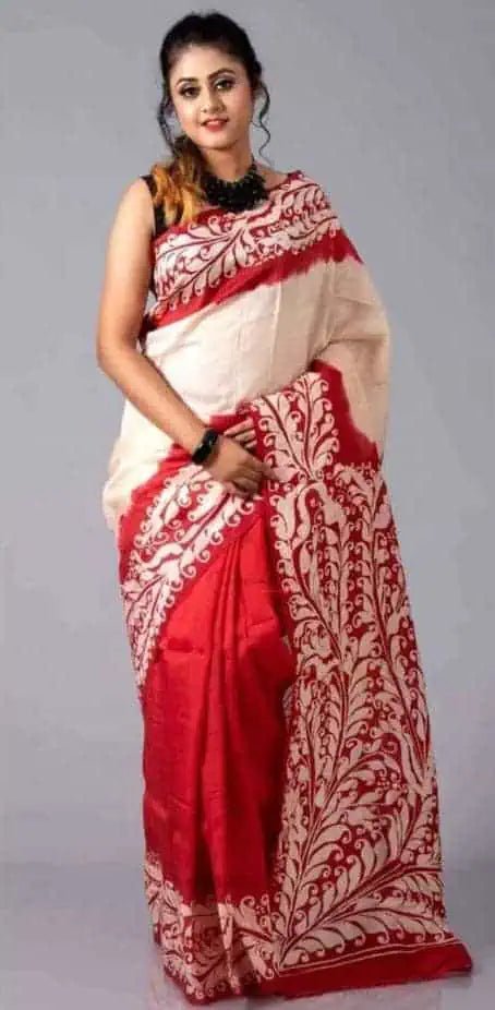 Stunning Murshidabadi Silk Saree with Batik for Durga Puja - Saree - Aakritee - S10424