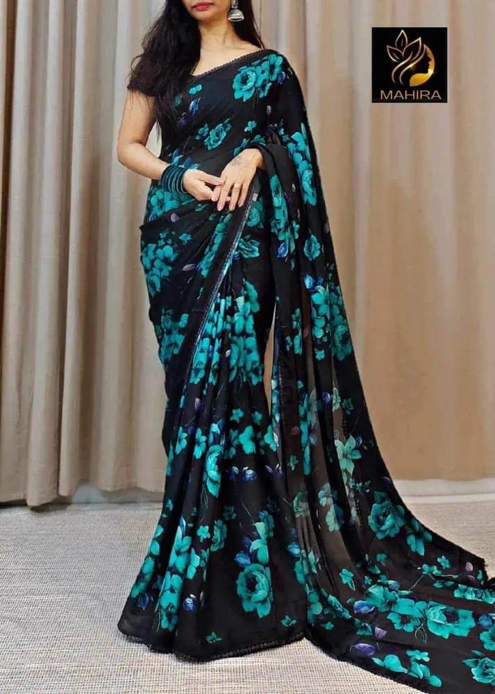 Stylish Black Georgette Saree with Floral Print for Casual Wear - Saree - Aakritee - S10432