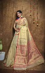 Tissue Jamdani Handloom Khaki Festive Saree, S10874 - Saree - Aakritee - S10874