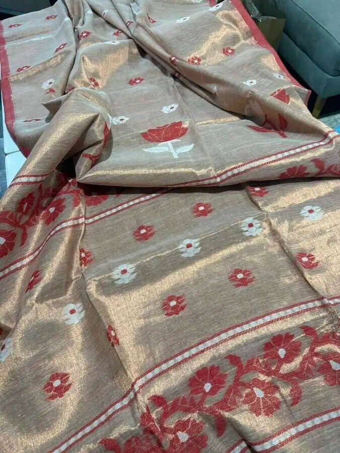 Tissue Jamdani Saree – Khaki Shimmery Traditional Festive Wear, S10884 - Saree - Aakritee - S10884