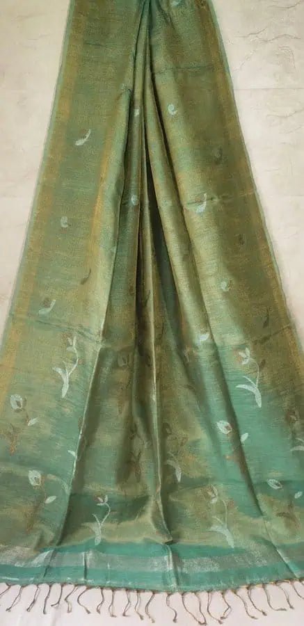 Tissue Linen Jamdani Green Saree, Dual Shade Festive - Saree - Aakritee - S10526