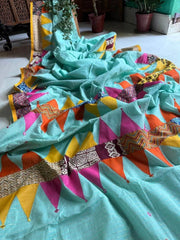 Turquoise Bengal Handloom Cotton Applique Saree - Saree Bengal Handloom Cotton Applique Handblock Turquoise Pujo Edit Festive S11217 - Saree - Aakritee - S11217