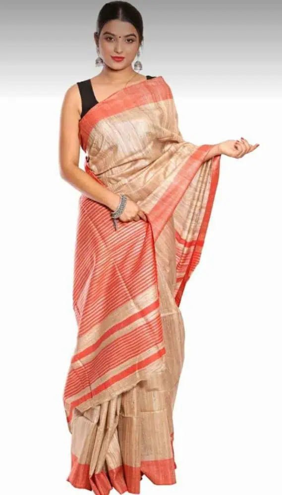 Tussar Gheecha Beige Red Border Durga Puja Festive Saree S10484 - Saree - Aakritee - S10484