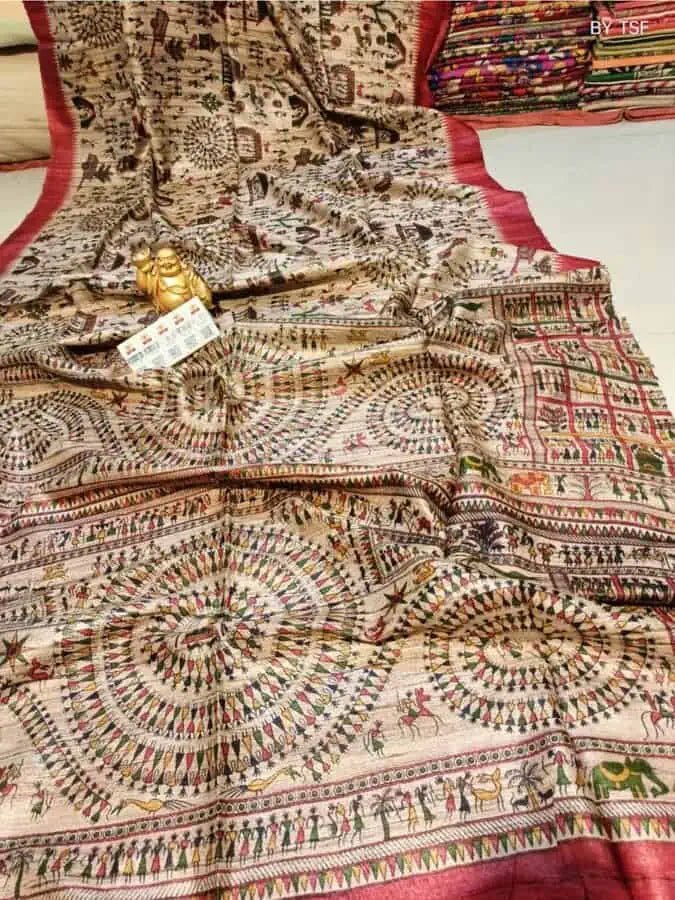 Tussar Ghicha Saree Ð Red Warli Block Print Festive Wear, S10860 - Saree - Aakritee - S10860