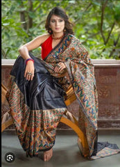 Tussar Madhubani Saree, Hand - Painted, Black, Festive Party Wear - Saree - Aakritee - S10609