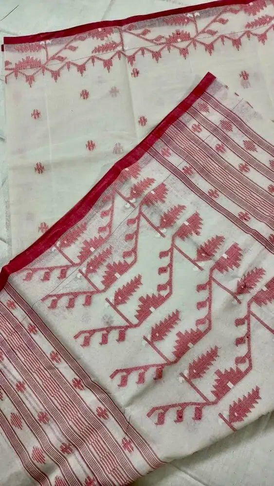 White Cotton Jamdani Saree with Needlework for Durga Puja - Saree - Aakritee - S10446