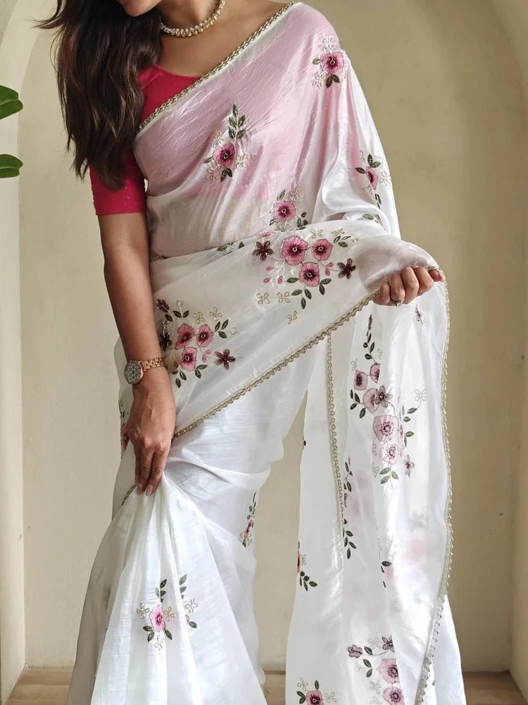 White Crushed Tissue Embroidered Saree - Saree Crushed Tissue Embroidery White Festive Diwali Casual S11232 - Saree - Aakritee - S11232