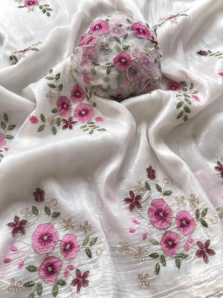 White Crushed Tissue Embroidered Saree - Saree Crushed Tissue Embroidery White Festive Diwali Casual S11232 - Saree - Aakritee - S11232