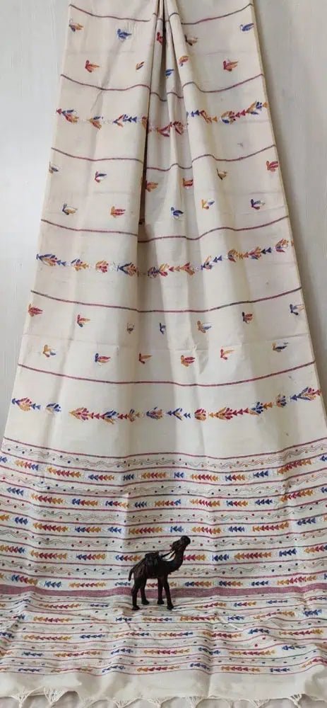 White Handloom Kantha Embroidery Saree, Festive - S10394 EOFY - 15% - Saree - Aakritee - S10394