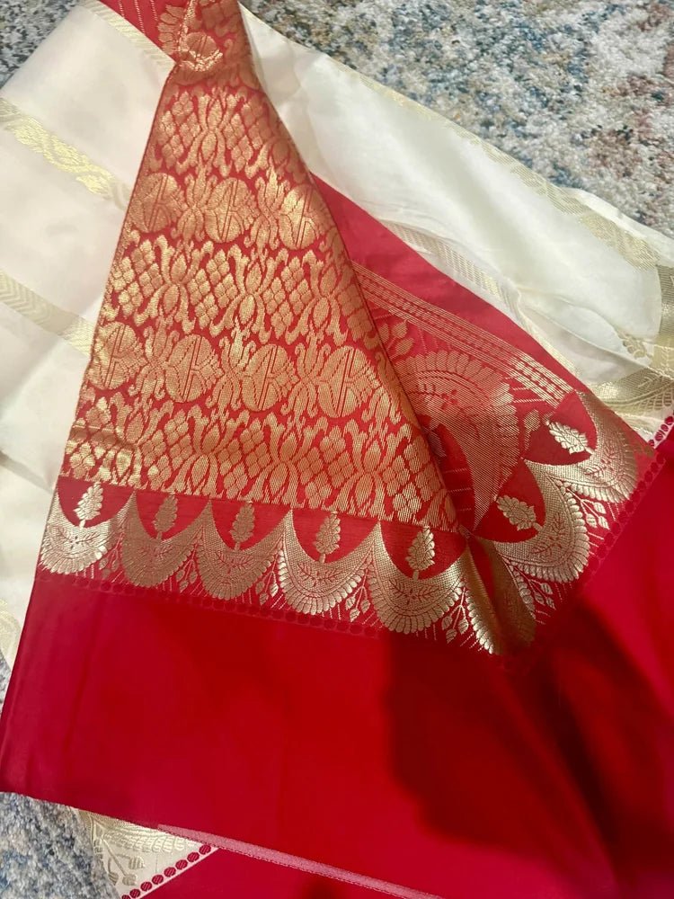 White Semi Gorod Soft Silk Saree - Saree Semi Gorod Soft Silk White Durga Pujo Special Diwali Traditional S11227 - Saree - Aakritee - S11227