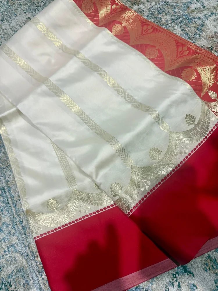 White Semi Gorod Soft Silk Saree - Saree Semi Gorod Soft Silk White Durga Pujo Special Diwali Traditional S11227 - Saree - Aakritee - S11227