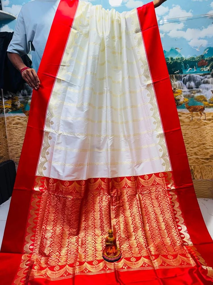White Semi Gorod Soft Silk Saree - Saree Semi Gorod Soft Silk White Durga Pujo Special Diwali Traditional S11227 - Saree - Aakritee - S11227