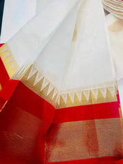 White Silk Cotton Saree with Red Border - Durga Pujo Festive Wear - Saree - Aakritee - S10682