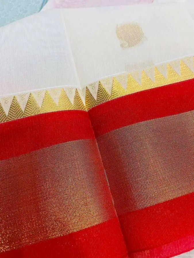 White Silk Cotton Saree with Red Border - Durga Pujo Festive Wear - Saree - Aakritee - S10682